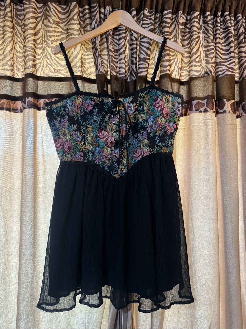 Vintage Black Mini Dress with Floral Embroidered Bodice